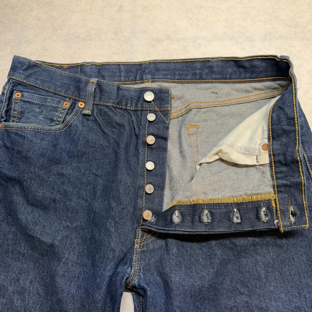 Levi's 501 Original Fit Jeans Mens 38x30 Dark Wash Blue Straight Leg Distressed - Picture 10 of 12